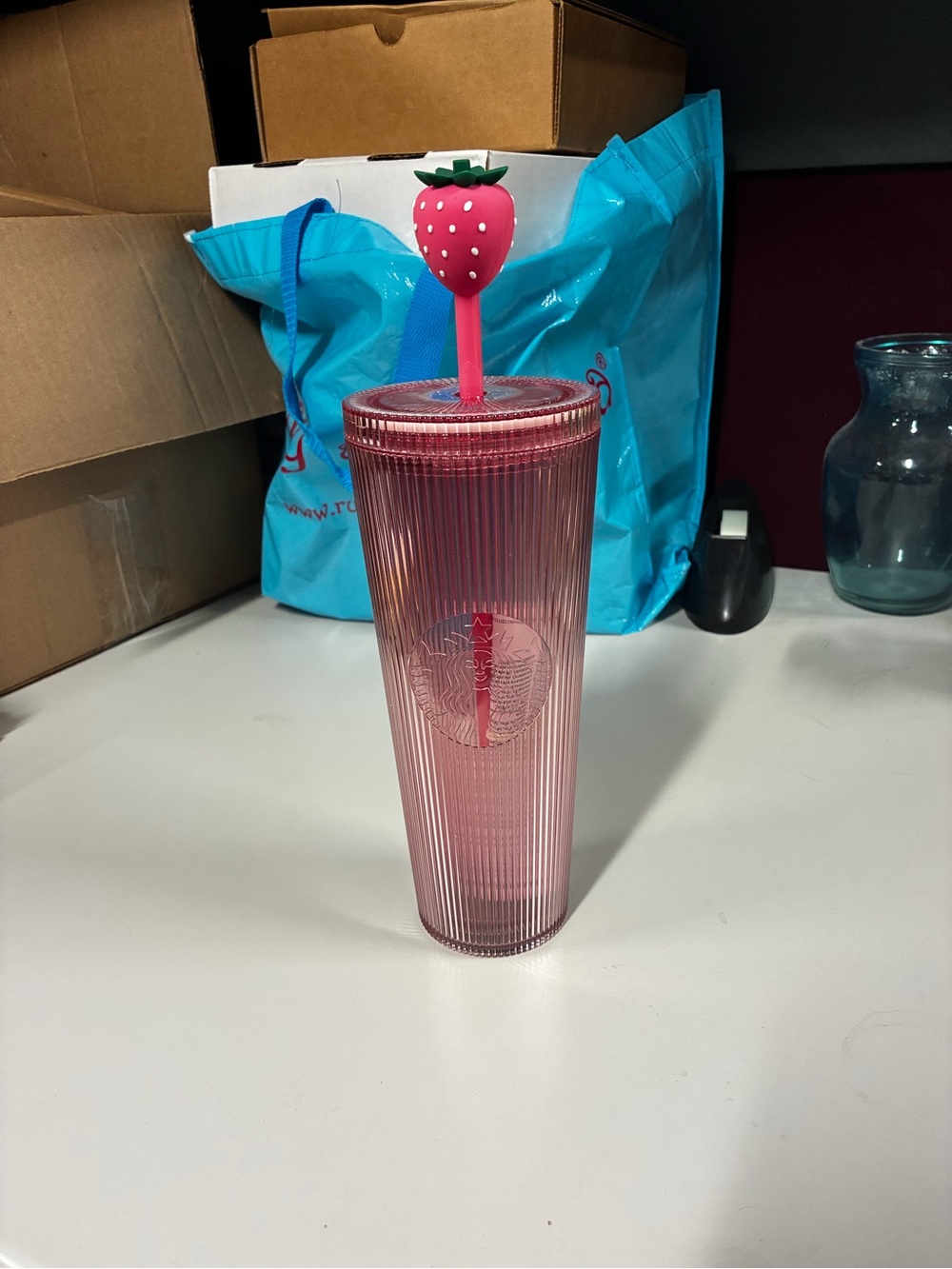 Starbucks Pink Ribbed Tumbler with Strawberry Top Straw